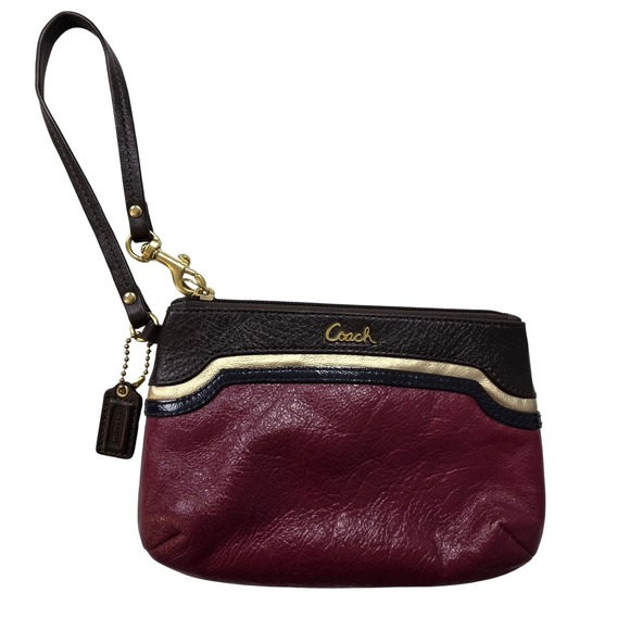 Coach Handbags - Coach Burgundy Brown Navy Gold Leather Colorblock Wristlet Pouch Zip Top Bag